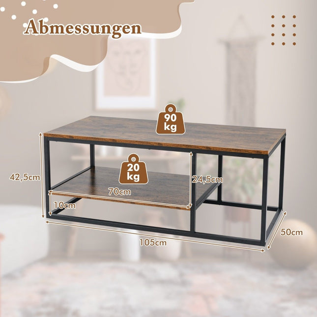Industrial Coffee Table with Shelf & Metal Frame Rectangular Sofa Table Brown