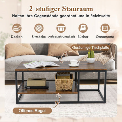 Industrial Coffee Table with Shelf & Metal Frame Rectangular Sofa Table Brown