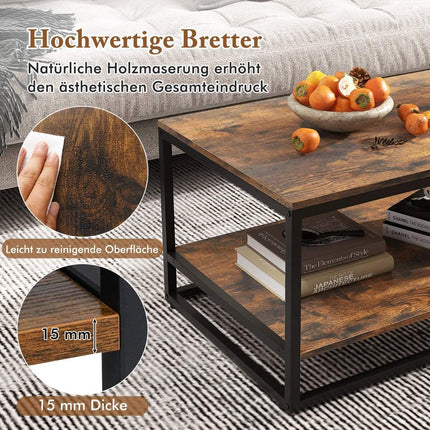 Industrial Coffee Table with Shelf & Metal Frame Rectangular Sofa Table Brown
