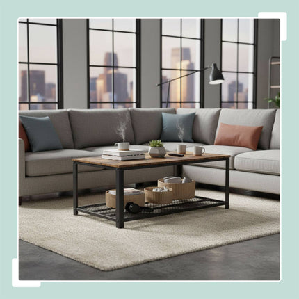 Industrial Coffee Table with Wire Shelf and Adjustable Feet