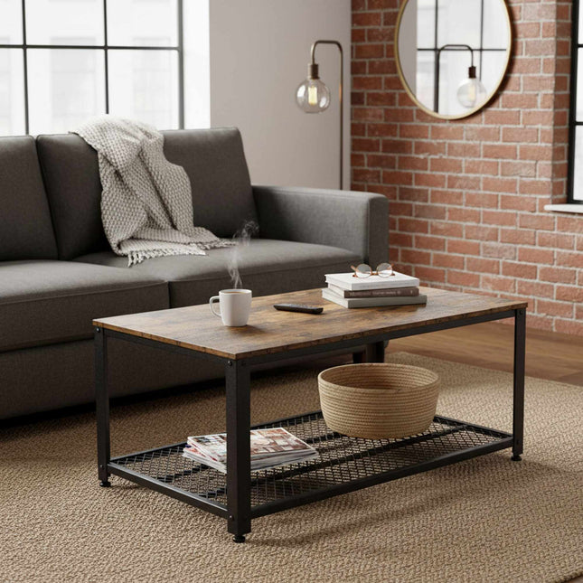 Industrial Coffee Table with Wire Shelf and Adjustable Feet