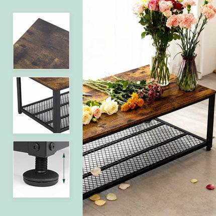 Industrial Coffee Table with Wire Shelf and Adjustable Feet