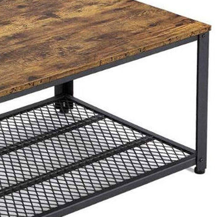 Industrial Coffee Table with Wire Shelf and Adjustable Feet