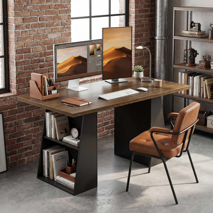 Industrial Computer Desk 140 cm, 4 Open Shelves, Brown-Black