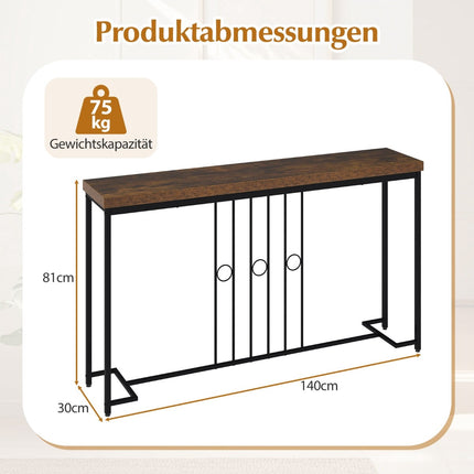 Industrial Console Table, 140x30 cm, Metal Frame, Brown