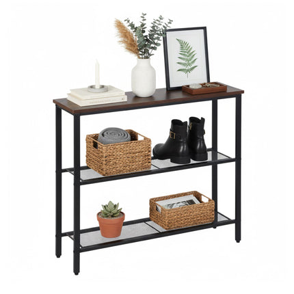 Industrial Console Table, 3-Tier Wood Shelves