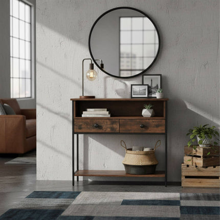 Industrial Console Table with Drawers and Shelves
