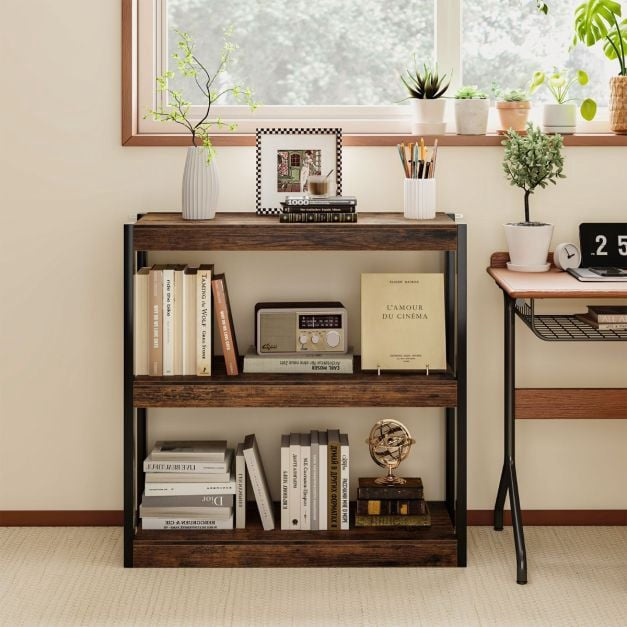 Industrial Corner Bookcase, 3-Tier Open Shelves, Metal Frame