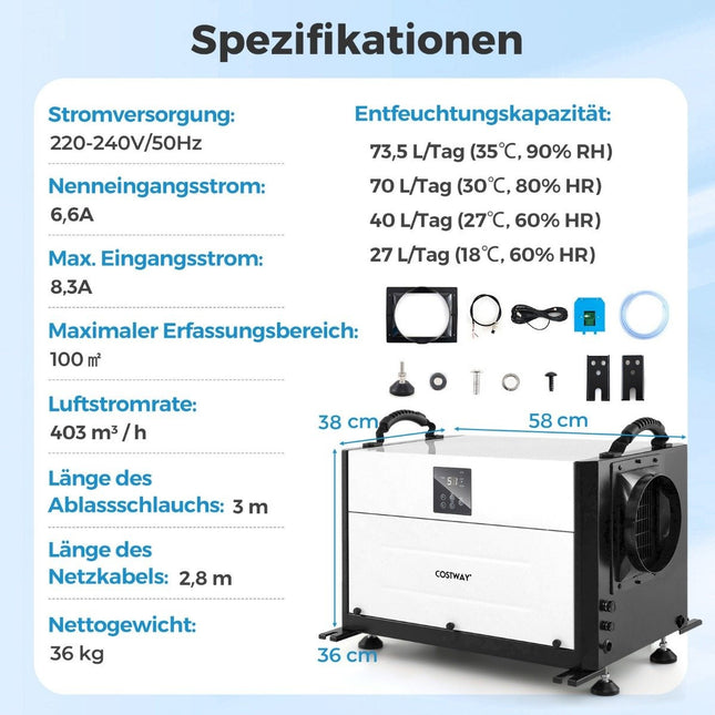 Industrial Dehumidifier, 73.5L/Day, 3 Modes, 24H Timer