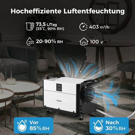 Industrial Dehumidifier, 73.5L/Day, 3 Modes, 24H Timer