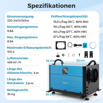 Industrial Dehumidifier, 73.5L/Day, 3 Modes, Timer