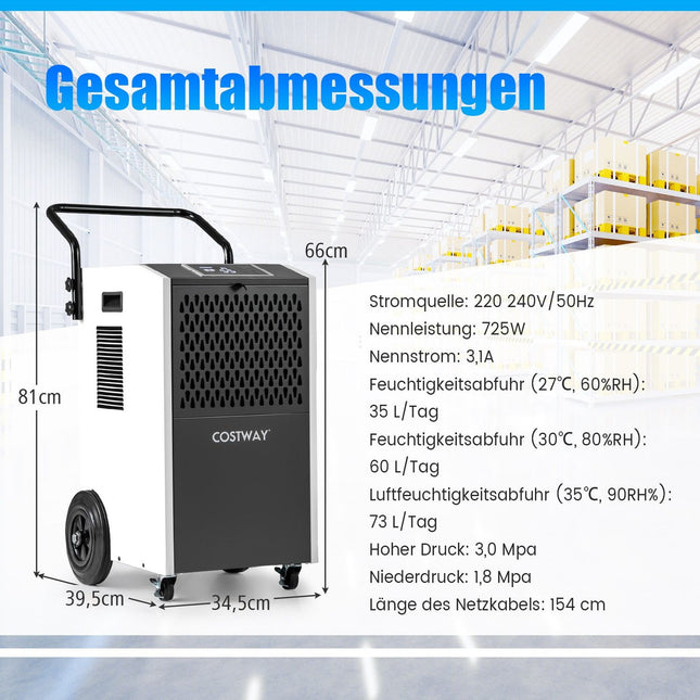 Industrial Dehumidifier, 73L/Day, Auto Drain & Timer
