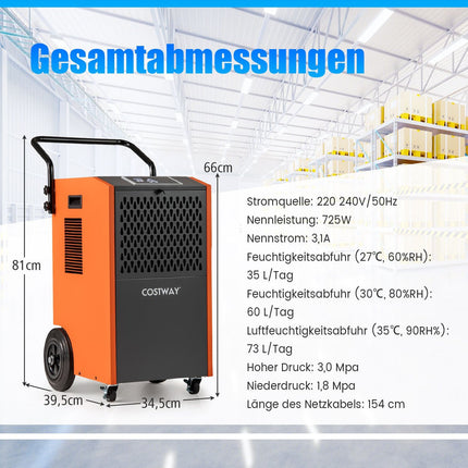 Industrial Dehumidifier 73L/Day with Drain Hose & Timer
