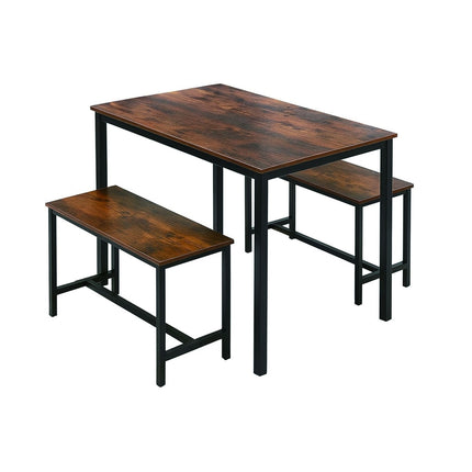 Industrial Dining Table Set, 2 Benches, Space-Saving