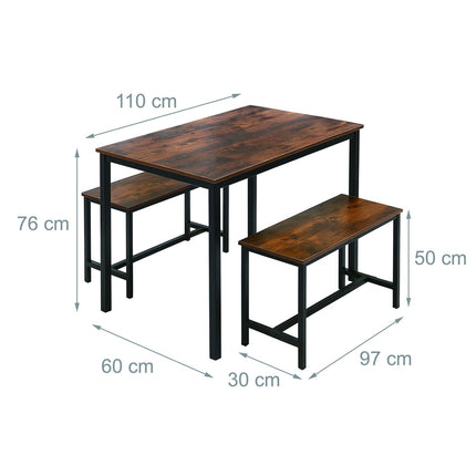 Industrial Dining Table Set, 2 Benches, Space-Saving