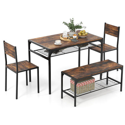 Industrial Dining Table Set With Bench, 2 Chairs, Shelves; Rustic Brown