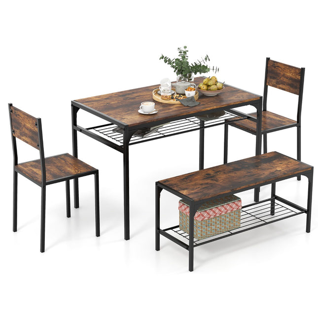 Industrial Dining Table Set With Bench, 2 Chairs, Shelves; Rustic Brown
