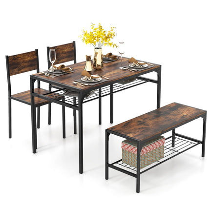 Industrial Dining Table Set With Bench, 2 Chairs, Shelves; Rustic Brown