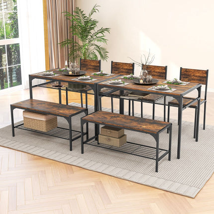 Industrial Dining Table Set With Bench, 2 Chairs, Shelves; Rustic Brown