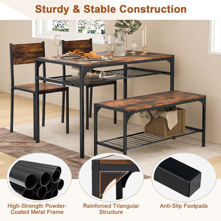 Industrial Dining Table Set With Bench, 2 Chairs, Shelves; Rustic Brown