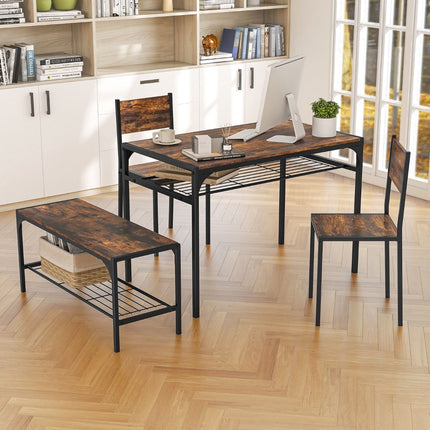 Industrial Dining Table Set With Bench, 2 Chairs, Shelves; Rustic Brown