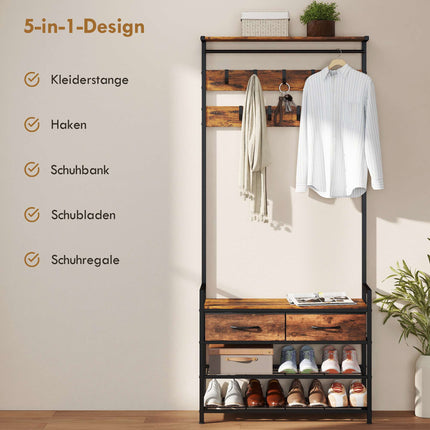 Industrial Entryway Organizer with Hooks and Shoe Bench