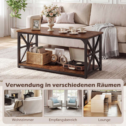 Industrial Farmhouse Coffee Table with Open Shelf, Rustic Brown