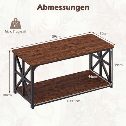 Industrial Farmhouse Coffee Table with Open Shelf, Rustic Brown