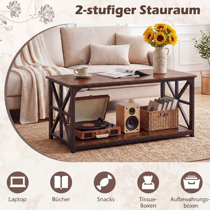 Industrial Farmhouse Coffee Table with Open Shelf, Rustic Brown