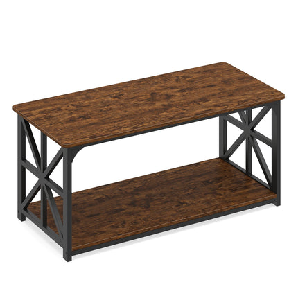 Industrial Farmhouse Coffee Table with Open Shelf, Rustic Brown