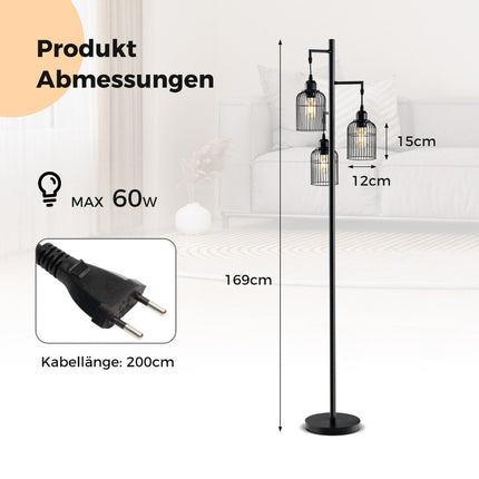 Industrial Floor Lamp, 3 Shades, Foot Switch, Black, 169 cm