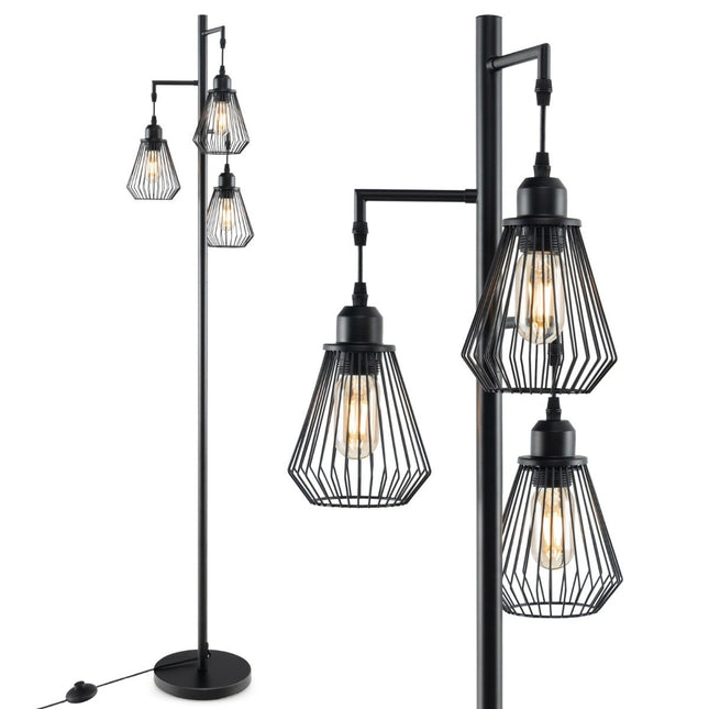 Industrial Floor Lamp with 3 Cage Shades, 169 cm, Black