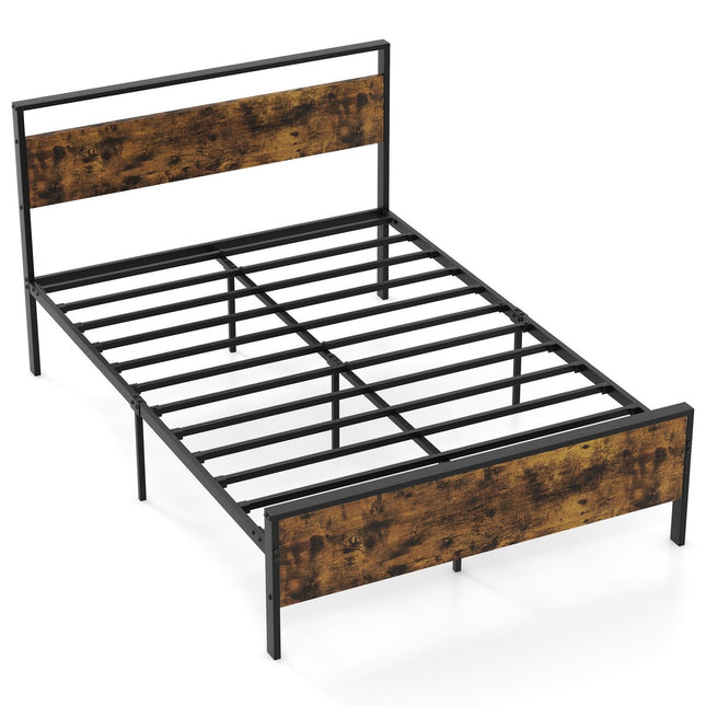 Industrial Metal Bed Frame for 200x140 cm Mattress, Wood Headboard
