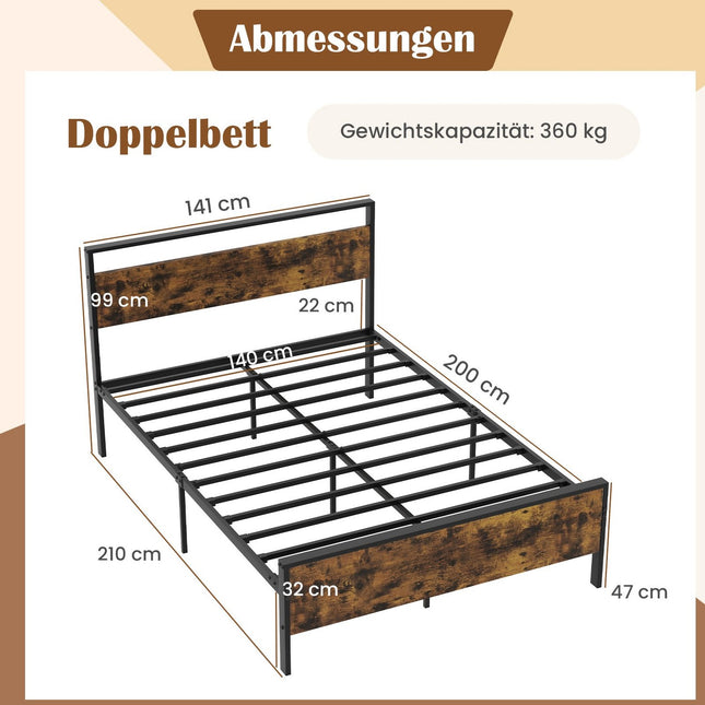 Industrial Metal Bed Frame for 200x140 cm Mattress, Wood Headboard