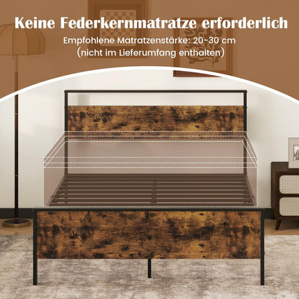 Industrial Metal Bed Frame for 200x140 cm Mattress, Wood Headboard
