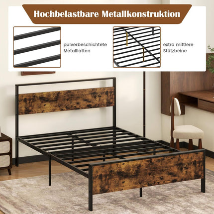 Industrial Metal Bed Frame for 200x140 cm Mattress, Wood Headboard