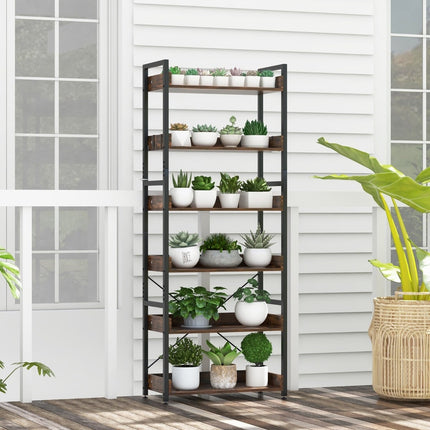 Industrial Metal Bookshelf with 6 Shelves & 4 Hooks