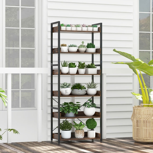 Industrial Metal Bookshelf with 6 Shelves & 4 Hooks