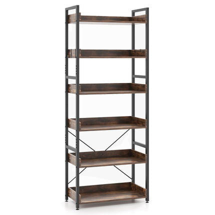 Industrial Metal Bookshelf with 6 Shelves & 4 Hooks