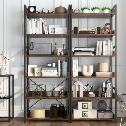 Industrial Metal Bookshelf with 6 Shelves & 4 Hooks