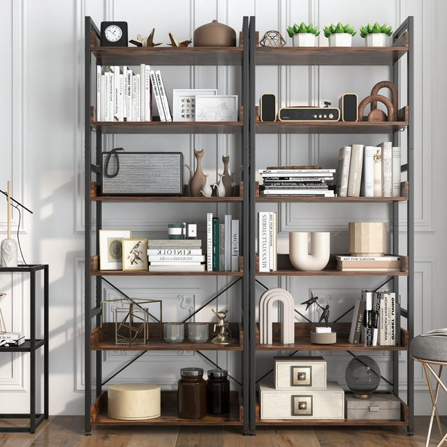 Industrial Metal Bookshelf with 6 Shelves & 4 Hooks