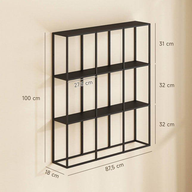 Industrial Metal Wall Shelf with 9 Compartments, Black