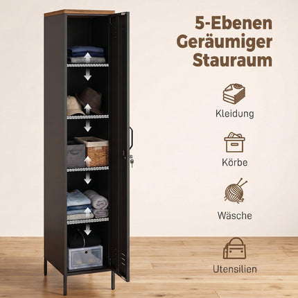 Industrial Metal Wardrobe, Adjustable Shelves, Black, 183cm