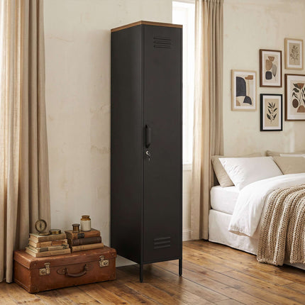 Industrial Metal Wardrobe, Adjustable Shelves, Black, 183cm