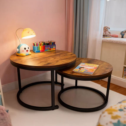 Industrial Nesting Side Tables, Set of 2, Wood-Effect