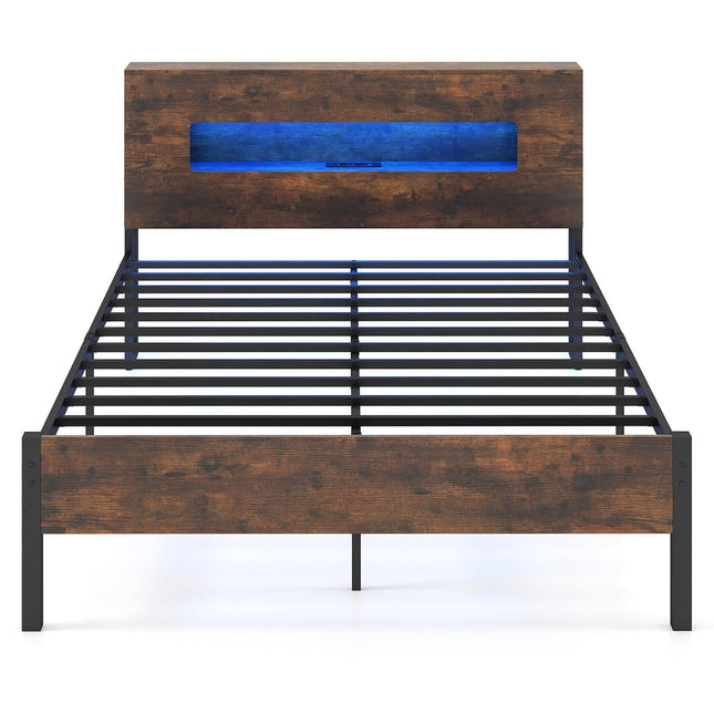 Industrial Platform Bed Frame with LED Lights, Storage Headboard, 200x140 cm