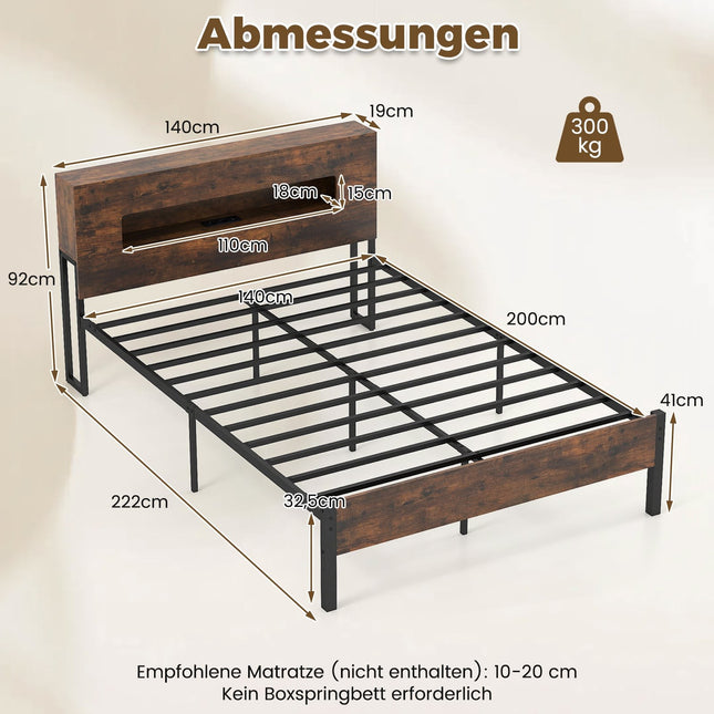 Industrial Platform Bed Frame with LED Lights, Storage Headboard, 200x140 cm