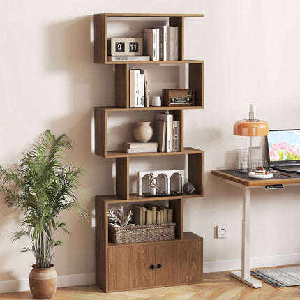 Industrial S-Shaped 6-Tier Bookcase with Cabinet
