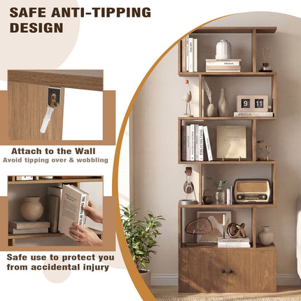 Industrial S-Shaped 6-Tier Bookcase with Cabinet
