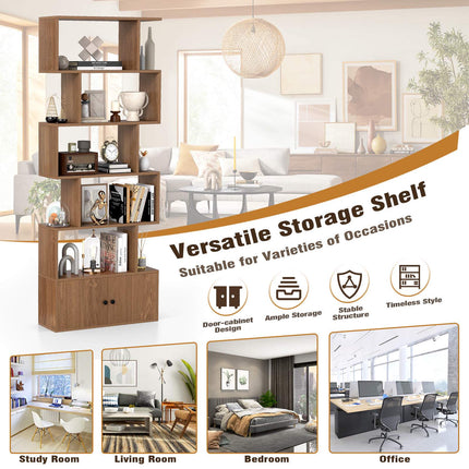 Industrial S-Shaped 6-Tier Bookcase with Cabinet